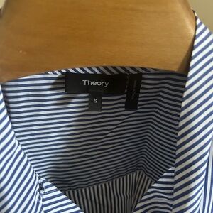 Theory Women's Blue and White Striped Button Down Shirt